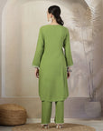 Solid A-Line Rayon Kurta Set with Embroidery & Lace Details