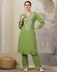 Solid A-Line Rayon Kurta Set with Embroidery & Lace Details