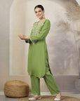 Solid A-Line Rayon Kurta Set with Embroidery & Lace Details