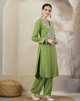 Solid A-Line Rayon Kurta Set with Embroidery & Lace Details