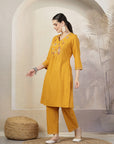 Solid A-Line Cotton Linen Kurta Set with Embroidery