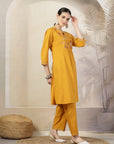 Solid A-Line Cotton Linen Kurta Set with Embroidery