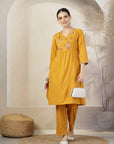 Solid A-Line Cotton Linen Kurta Set with Embroidery