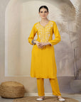 Solid A-Line Rayon Kurta Set with Embroidery & Lace Details