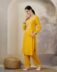 Solid A-Line Rayon Kurta Set with Embroidery & Lace Details