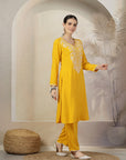 Solid A-Line Rayon Kurta Set with Embroidery & Lace Details