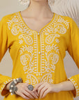 Solid A-Line Rayon Kurta Set with Embroidery & Lace Details