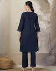 Solid A-Line Cotton Linen Kurta Set with Embroidery