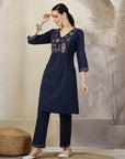 Solid A-Line Cotton Linen Kurta Set with Embroidery