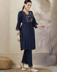 Solid A-Line Cotton Linen Kurta Set with Embroidery