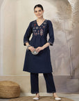 Solid A-Line Cotton Linen Kurta Set with Embroidery