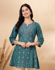 Floral Printed A-Line Cotton Cambric Kurti with Embroidery