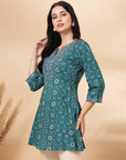Floral Printed A-Line Cotton Cambric Kurti with Embroidery