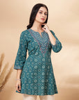 Floral Printed A-Line Cotton Cambric Kurti with Embroidery