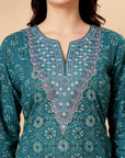 Floral Printed A-Line Cotton Cambric Kurti with Embroidery