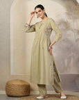 Solid A-Line Cotton Linen Kurta Set with Embroidered Details