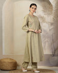 Solid A-Line Cotton Linen Kurta Set with Embroidered Details