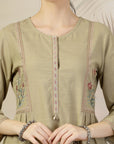 Solid A-Line Cotton Linen Kurta Set with Embroidered Details