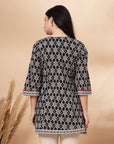 Ikat Printed A-Line Cotton Cambric Kurti with Embroidery