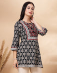 Ikat Printed A-Line Cotton Cambric Kurti with Embroidery