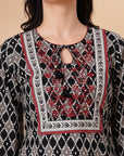 Ikat Printed A-Line Cotton Cambric Kurti with Embroidery