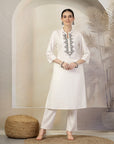 Solid Straight Cotton Linen Kurta Set with Ethnic Embroidery