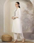 Solid Straight Cotton Linen Kurta Set with Ethnic Embroidery