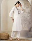 Solid Straight Cotton Linen Kurta Set with Ethnic Embroidery