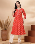 Batik Printed A-Line Cotton Cambric Kurta with Stitch Detail
