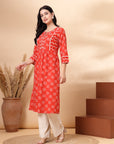 Batik Printed A-Line Cotton Cambric Kurta with Stitch Detail
