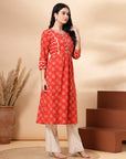 Batik Printed A-Line Cotton Cambric Kurta with Stitch Detail