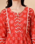 Batik Printed A-Line Cotton Cambric Kurta with Stitch Detail