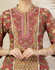 Floral Printed Cotton A-Line Kurta with Embroidery & Palazzo Set