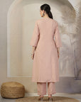 Solid A-Line Cotton Linen Kurta Set with Embroidered Details