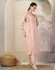 Solid A-Line Cotton Linen Kurta Set with Embroidered Details
