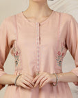 Solid A-Line Cotton Linen Kurta Set with Embroidered Details