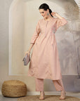 Solid A-Line Cotton Linen Kurta Set with Embroidered Details