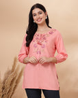 Rayon Tie-Up Neck Tunic with Embroidered Yoke & Smocked Sleeves