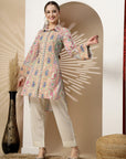 Floral Printed High-Low Kurta with Shirt Collar