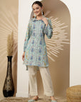 Floral Printed High-Low Kurta with Shirt Collar