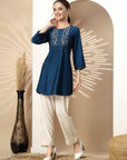 Solid Cotton Kurti with Floral Embroidery