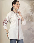 Cotton Straight Kurti with Thread Embroidery & Tie-Up Mandarin Collar