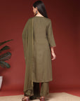 Solid A-Line Rayon Kurta Set with Embroidery and Chiffon Dupatta