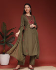 Solid A-Line Rayon Kurta Set with Embroidery and Chiffon Dupatta