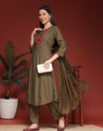 Solid A-Line Rayon Kurta Set with Embroidery and Chiffon Dupatta