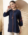 Solid Straight Cotton Kurti with Tie-Up Detail