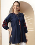 Solid Straight Cotton Kurti with Tie-Up Detail