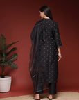 Solid Straight Poly Silk Kurta Set with Mandarin Collar and Organza Dupatta