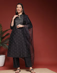 Solid Straight Poly Silk Kurta Set with Mandarin Collar and Organza Dupatta