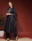 Solid Straight Poly Silk Kurta Set with Mandarin Collar and Organza Dupatta